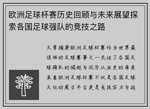 欧洲足球杯赛历史回顾与未来展望探索各国足球强队的竞技之路