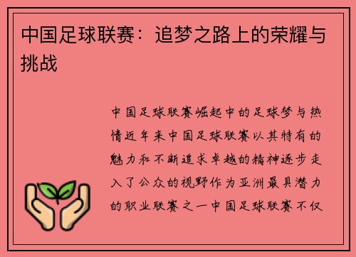 中国足球联赛：追梦之路上的荣耀与挑战