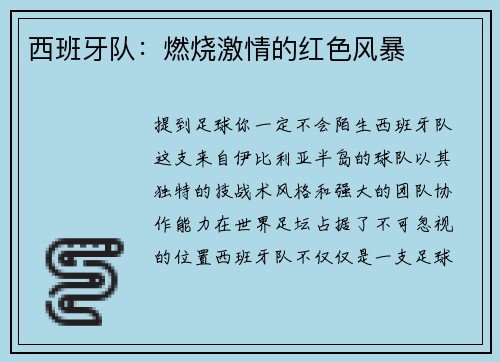 西班牙队：燃烧激情的红色风暴