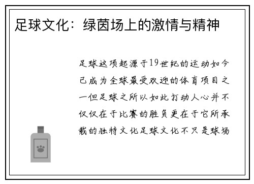 足球文化：绿茵场上的激情与精神